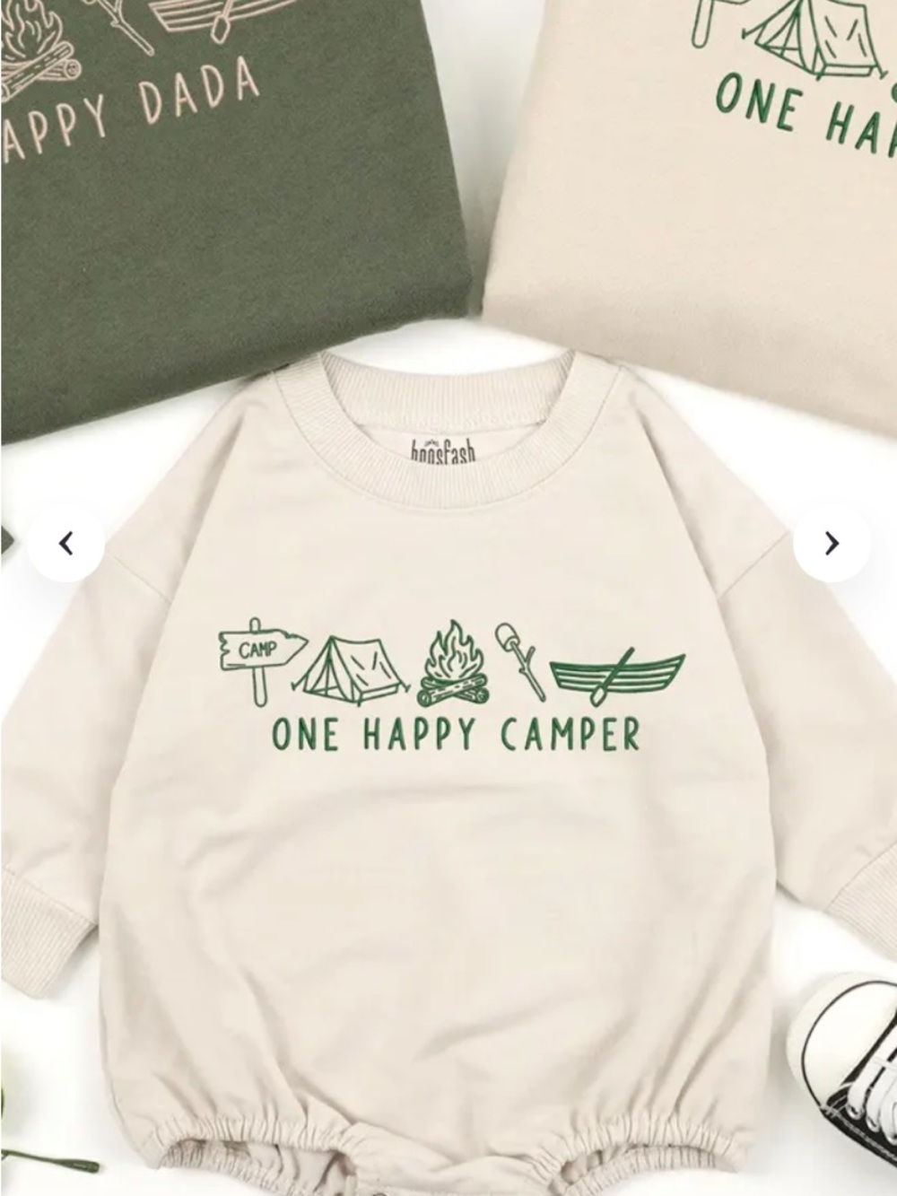 One Happy Camper Graphic Romper - Cream with Green Print